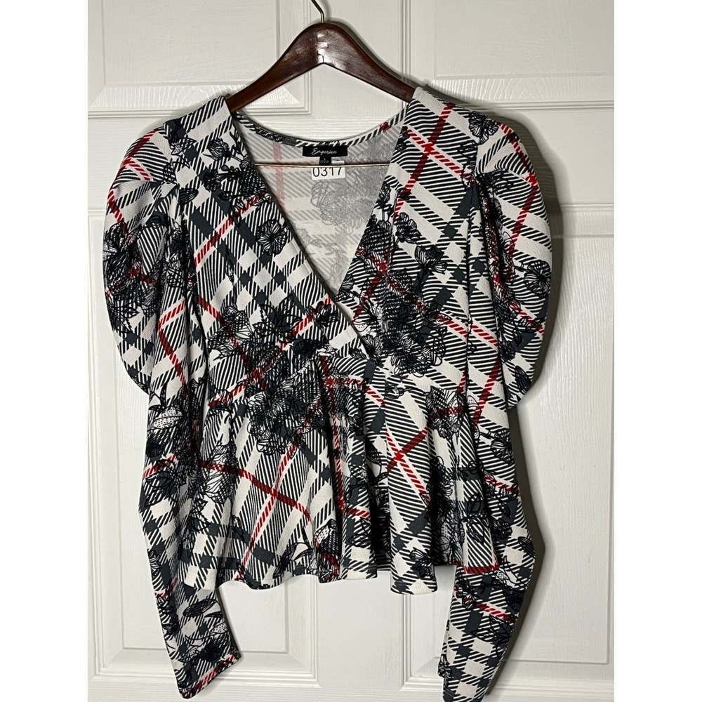 Emperice Womens Plaid Floral Peplum Top White Black Red Puff Sleeve V-Neck L